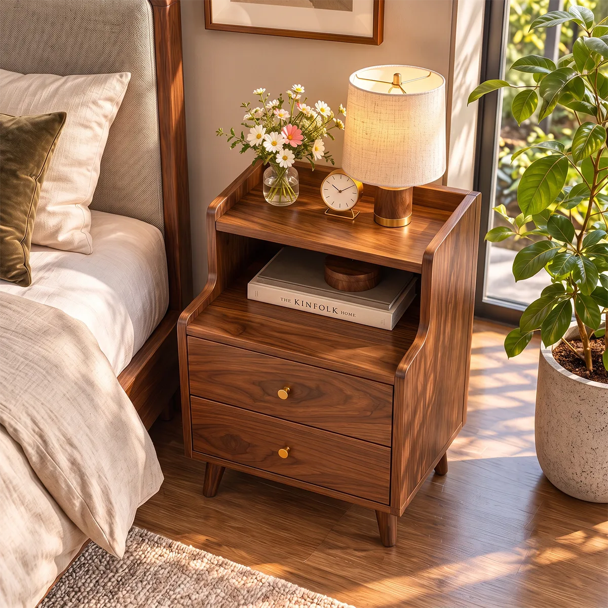 Modern 2-Drawer Nightstand with Open Shelf | Tall Bedside Table with Tapered Legs HG021-7TNK8GF