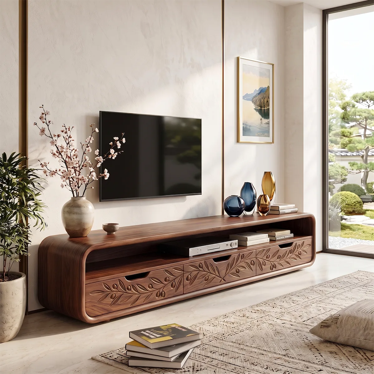 Botanical Carved Wood TV Stand with Storage | Elegant Media Console HG021-5BGB8ID