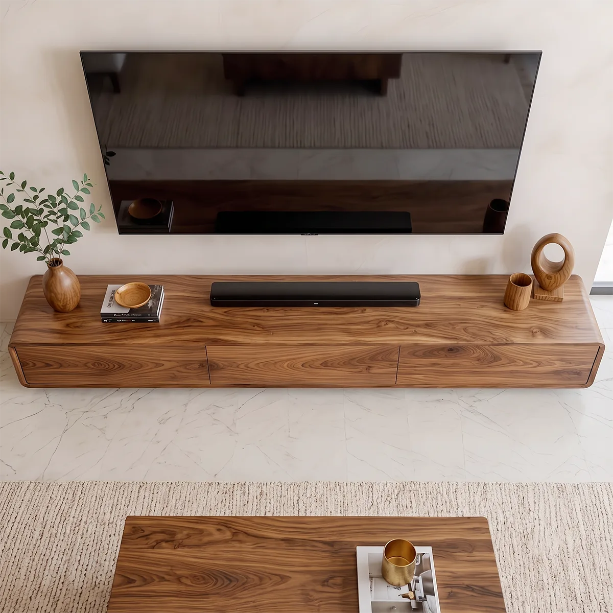 Modern Minimalist TV Stand with Rounded Edges and Seamless Storage HG021-7XRP2UR