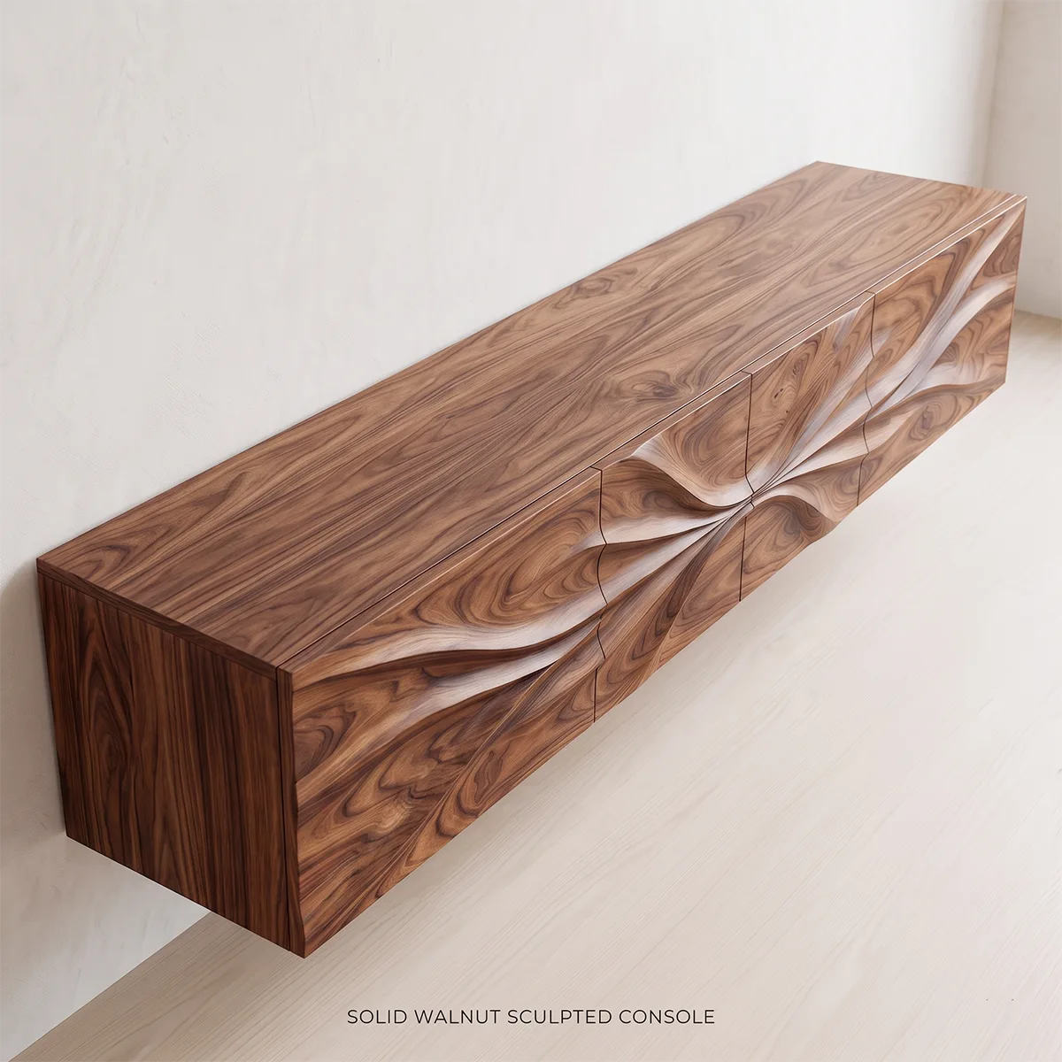 Floating Wood TV Stand with Sculpted Wave Front | Carved Media Console HG021-6VHU4ZT