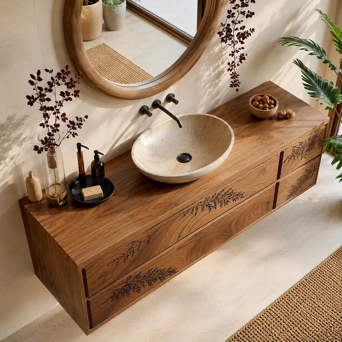 Floating Bathroom Vanity | Nature Inspired Wall Mounted Bathroom Cabinet HG021-6223