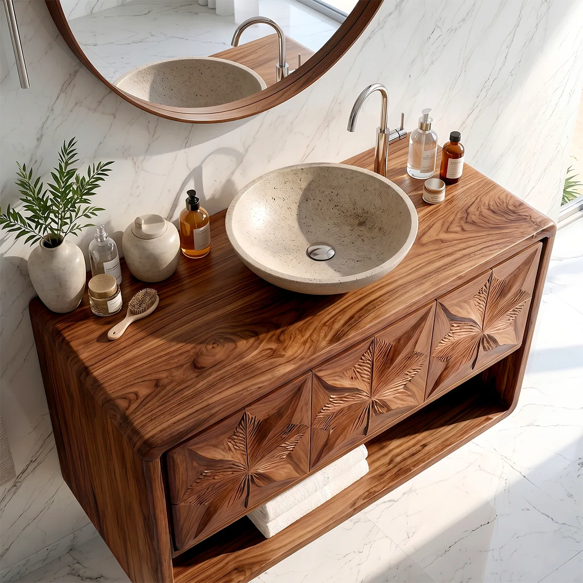 Geometric Leaf Carved Bathroom Vanity with Open Storage HG021-8975
