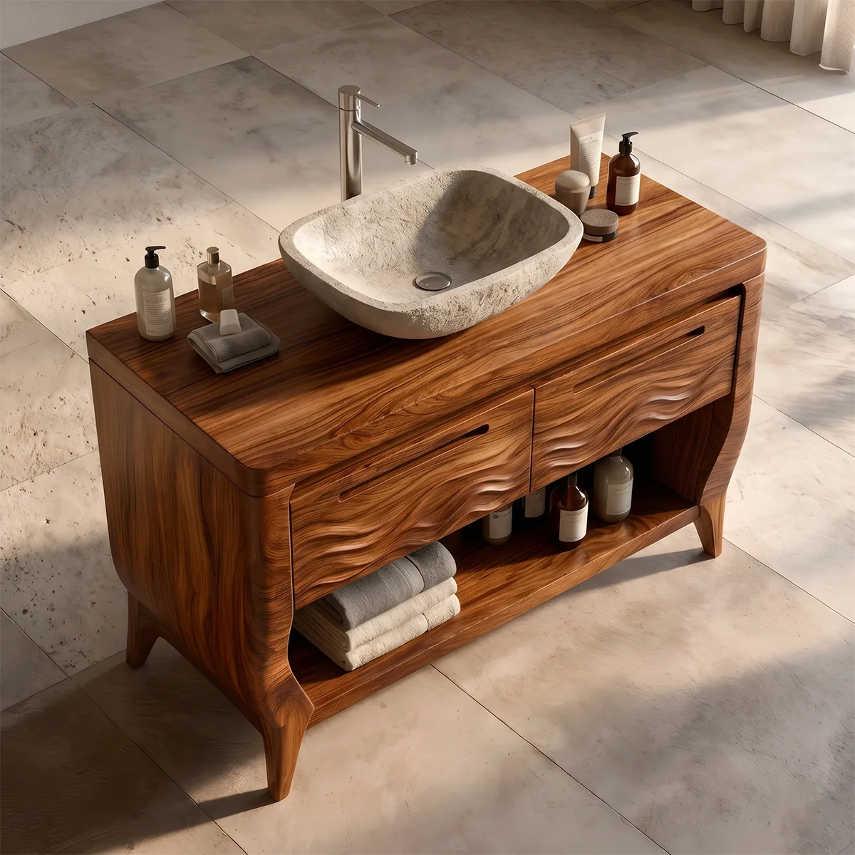 Solid Wood Bathroom Vanity with Open Shelf | Wave Carved Double Drawer Bathroom Vanity Cabinet HG021-3694