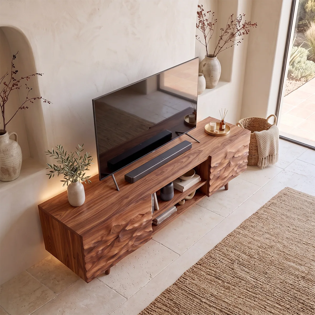 Modern Mountain Relief TV Stand | Contemporary Media Console with Sculpted Landscape Doors HG021-5KXU7XE