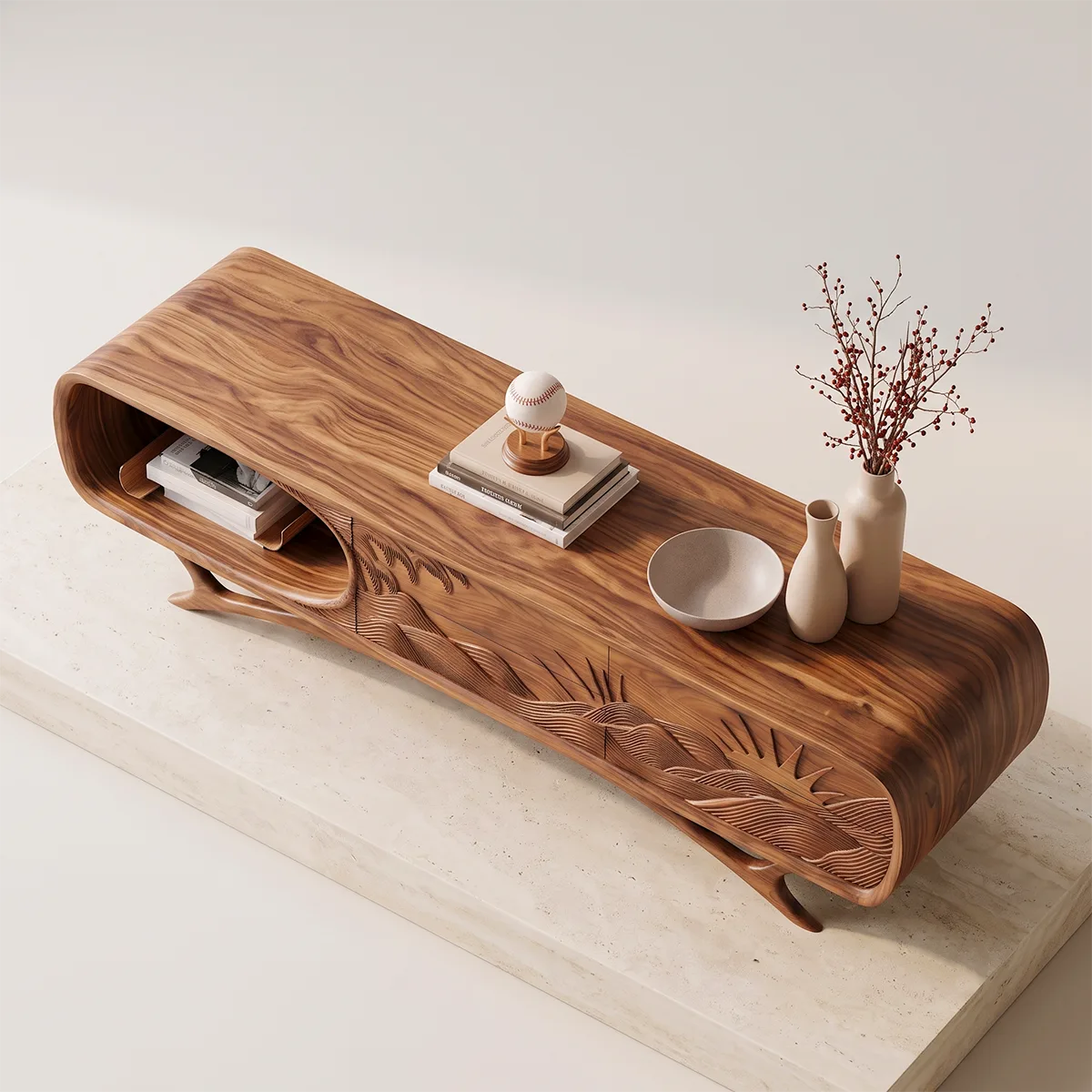 Sunrise Landscape Carved Wood TV Stand with Curved Frame | Sculptural Media Console HG021-2WSZ4IX