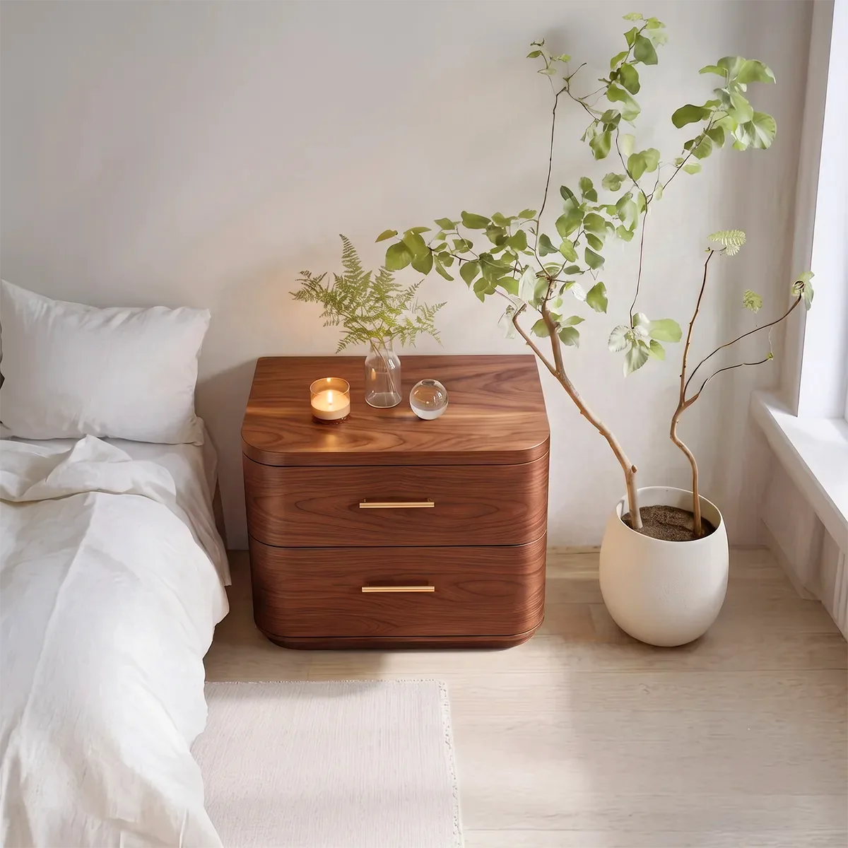 Modern Rounded 2-Drawer Nightstand | Curved Bedside Table with Metal Bar Handles HG021-1SFU3IV