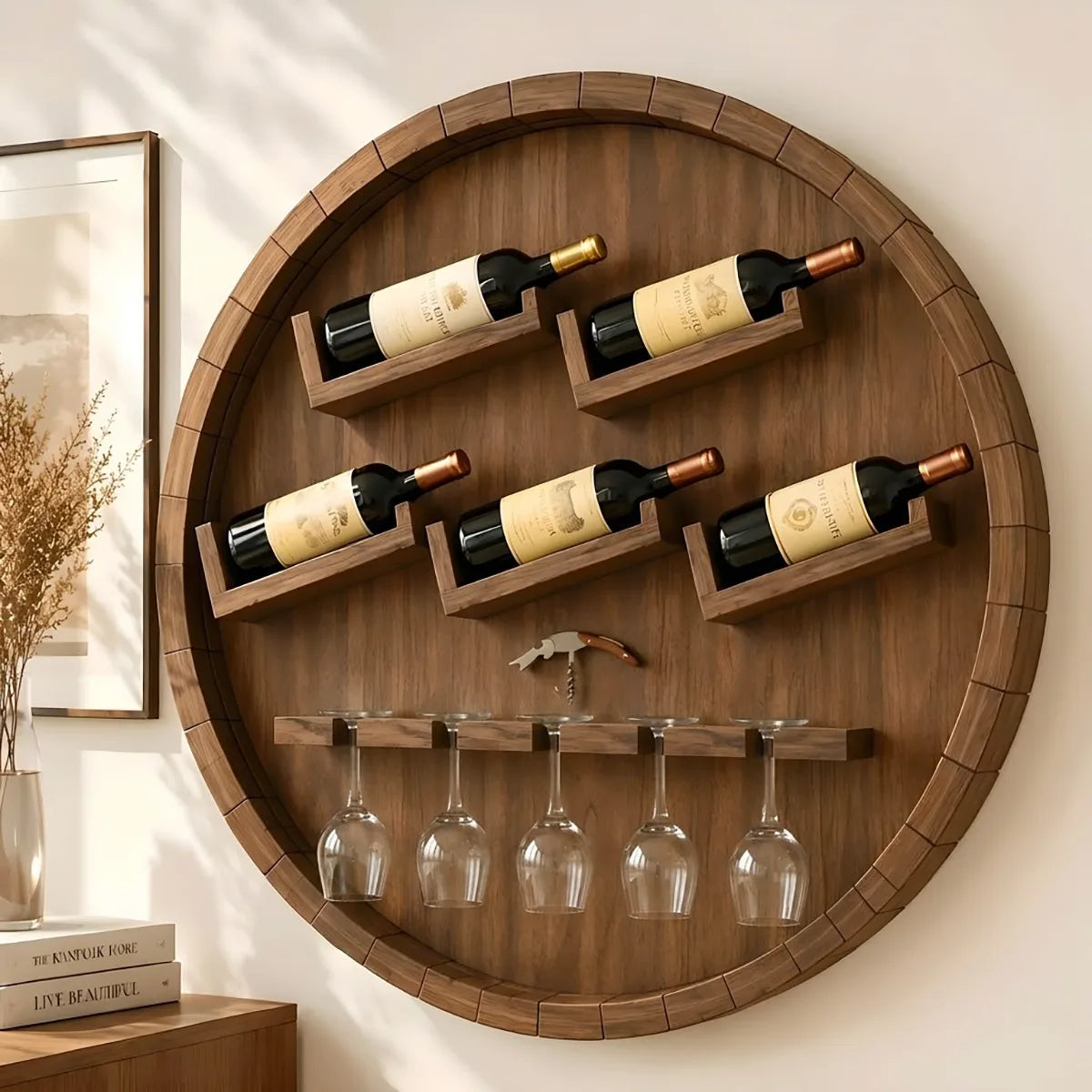 Round Solid Wood Wall Wine Rack with Glass Holder HG021-3468