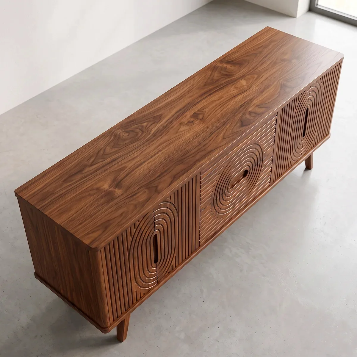Geometric Fluted Wood TV Stand with Drawers & Cabinets | Mid-Century Media Console HG021-7RAV5YV