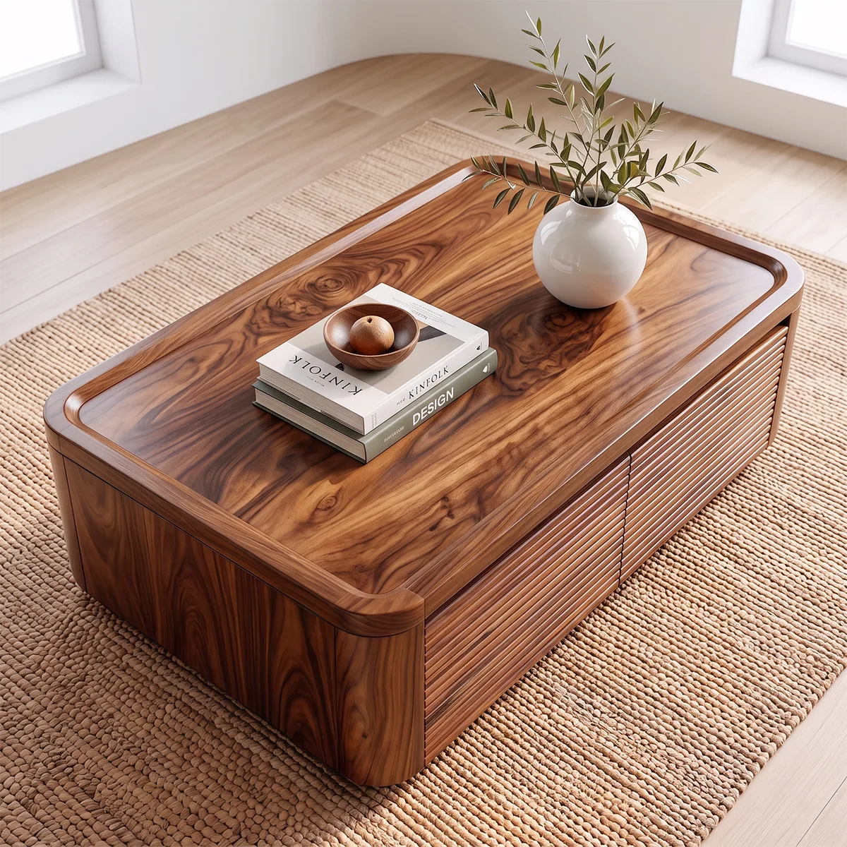 Fluted Coffee Table with 2 Storage Drawers | Modern Rectangular Center Table HG021-5QVK8NI