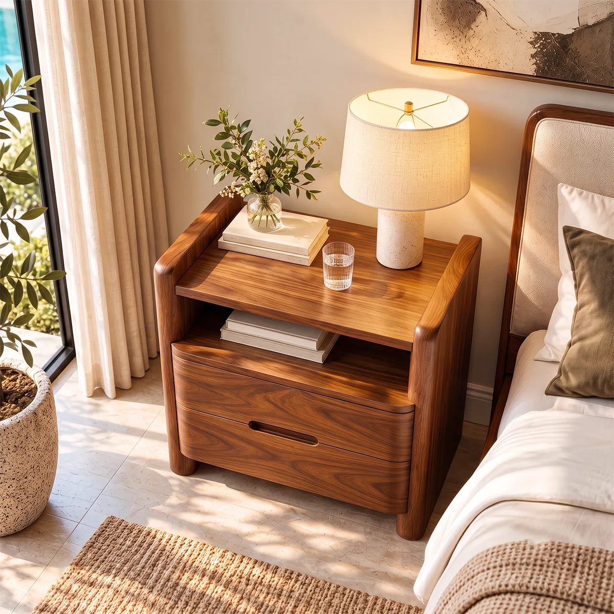 Modern 2-Drawer Nightstand with Open Shelf | Rounded Bedside Table with Recessed Handles HG021-8JCL2CB