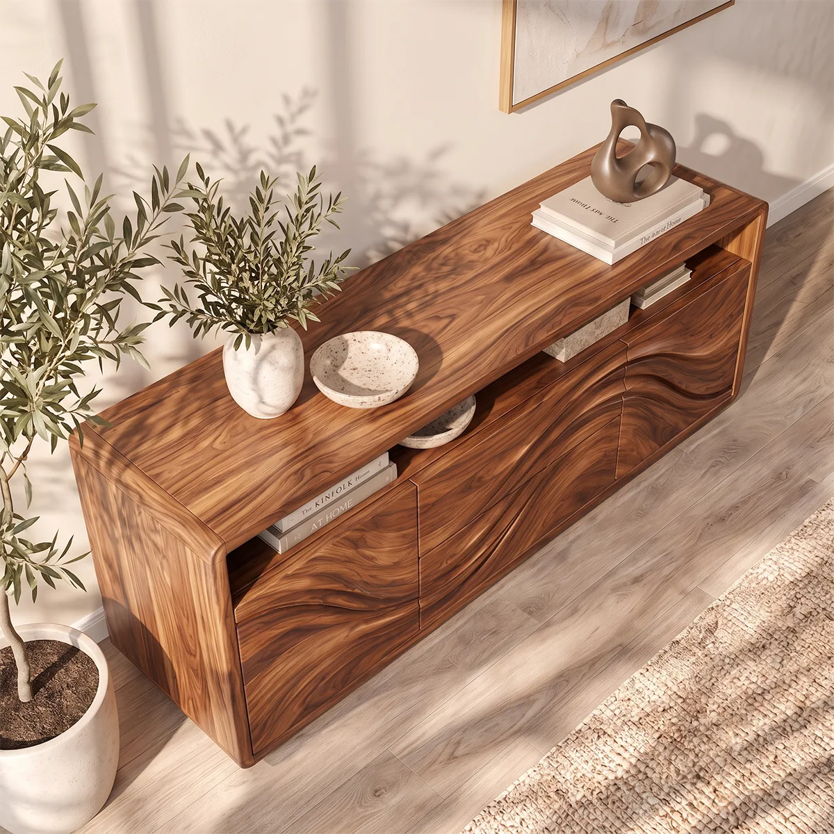 Sculptural Wave Sideboard with 2 Drawers, 2 Cabinets and Open Shelf | Modern Storage Cabinet HG021-9WUN9IL