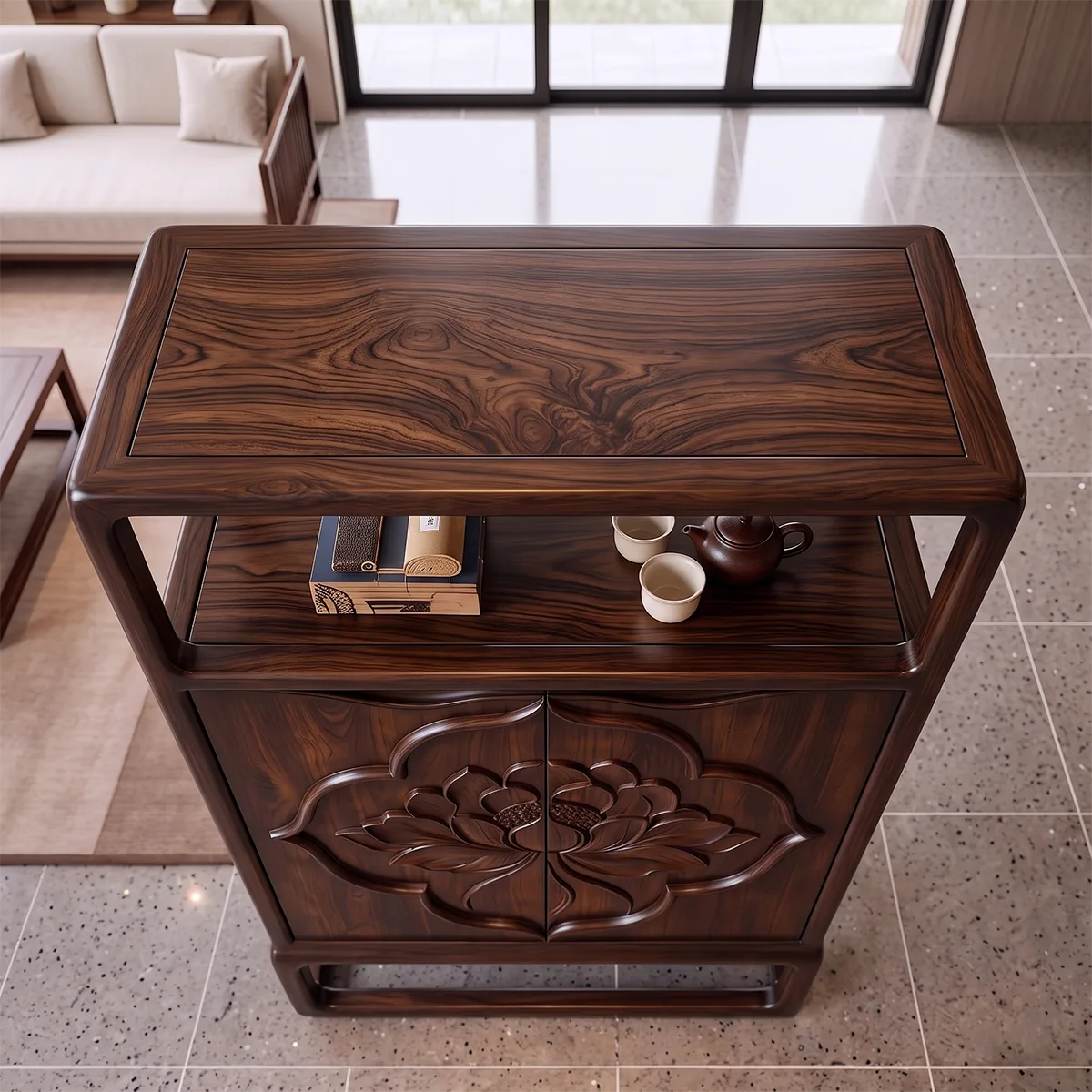Lotus Carved Sideboard with Open Display Shelf | Sculptural Storage Cabinet HG021-1UIU6MD
