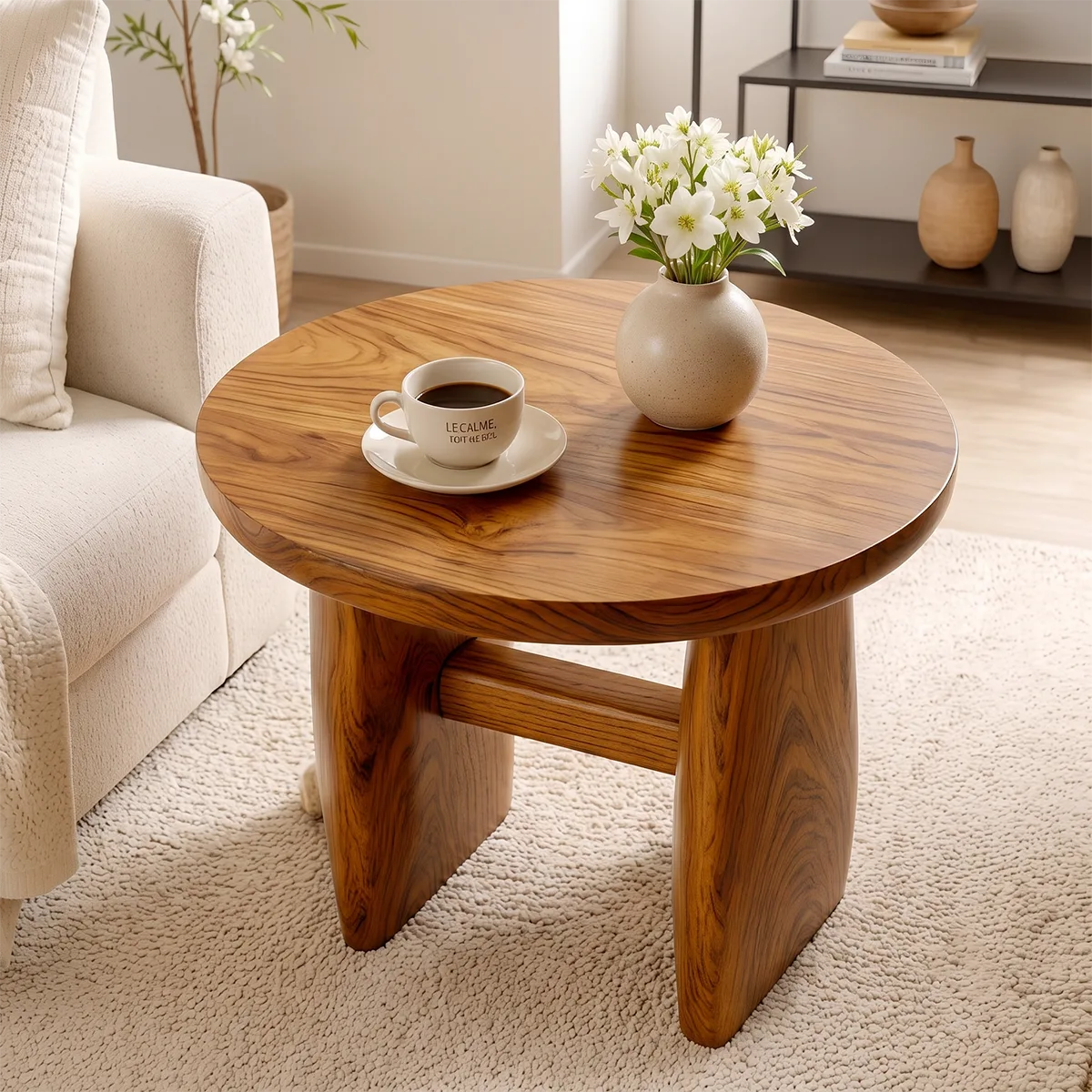 Modern Round End Table | Sculptural Dual-Pedestal Side Table HG021-7122