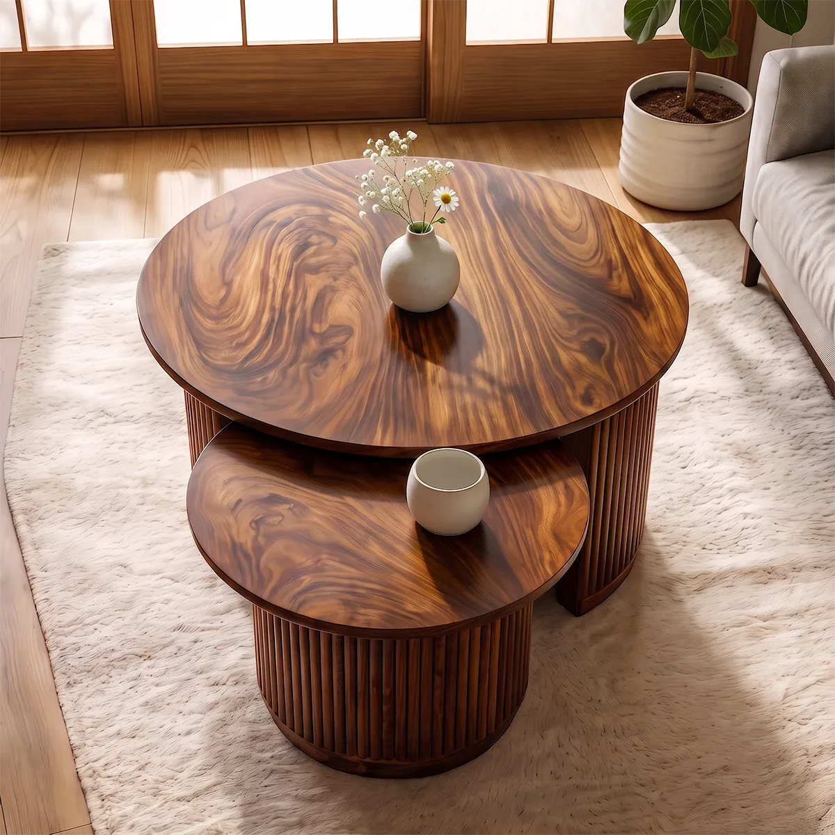 2-Piece Round Nesting Coffee Table Set with Fluted Base | Modern Space-Saving Center Tables HG021-9LVR6EA