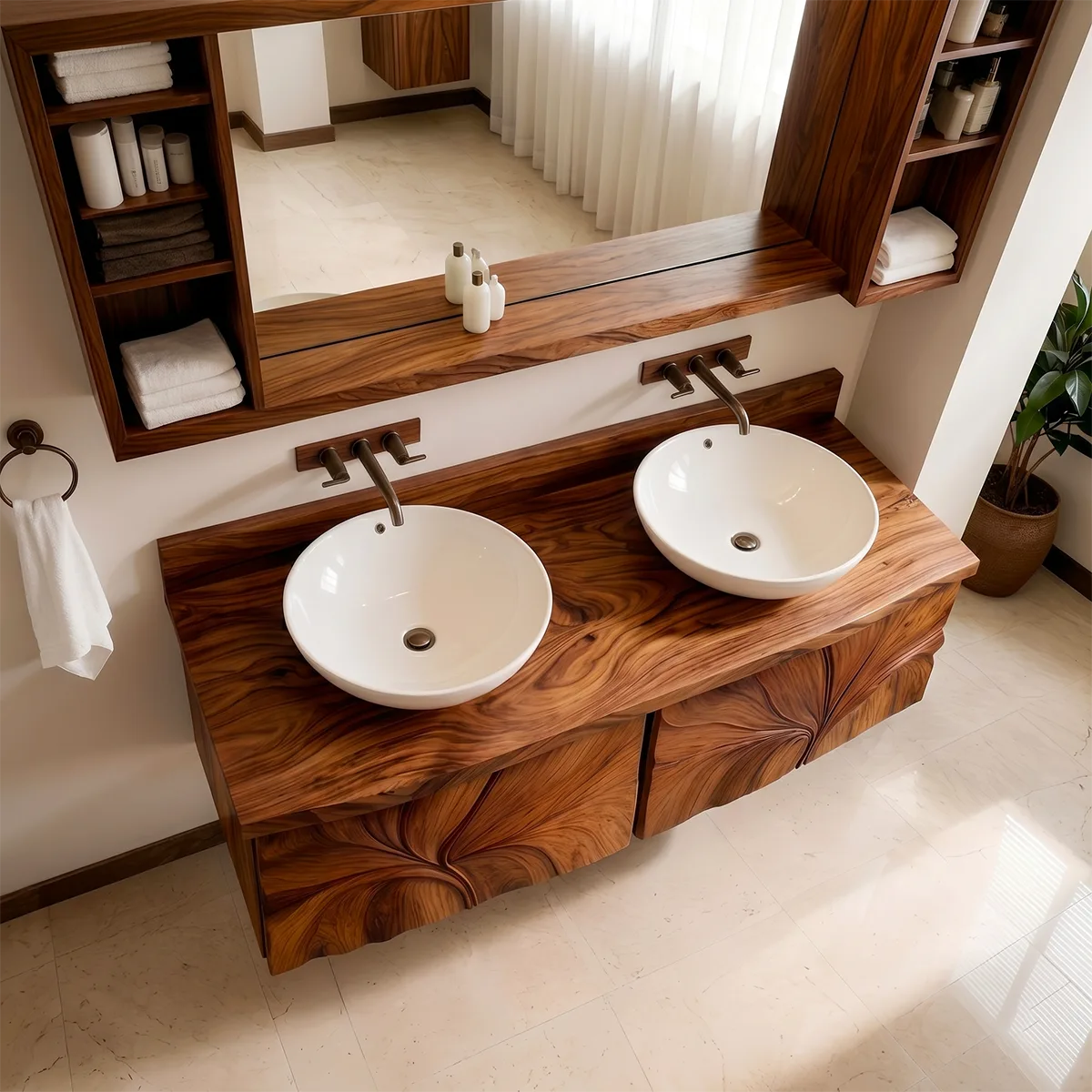 Modern Floating Bathroom Vanity with Sculptural Floral Carved Doors HG021-1209