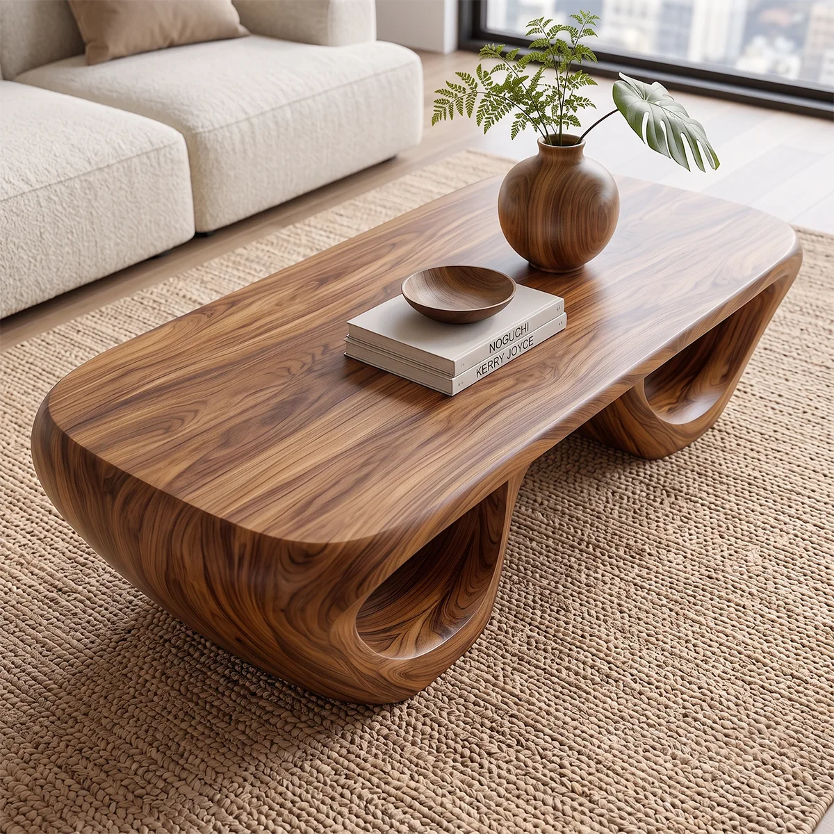Sculptural Wood Coffee Table with Hollow Loop Base | Organic Modern Rectangular Center Table HG021-2FVS9KF