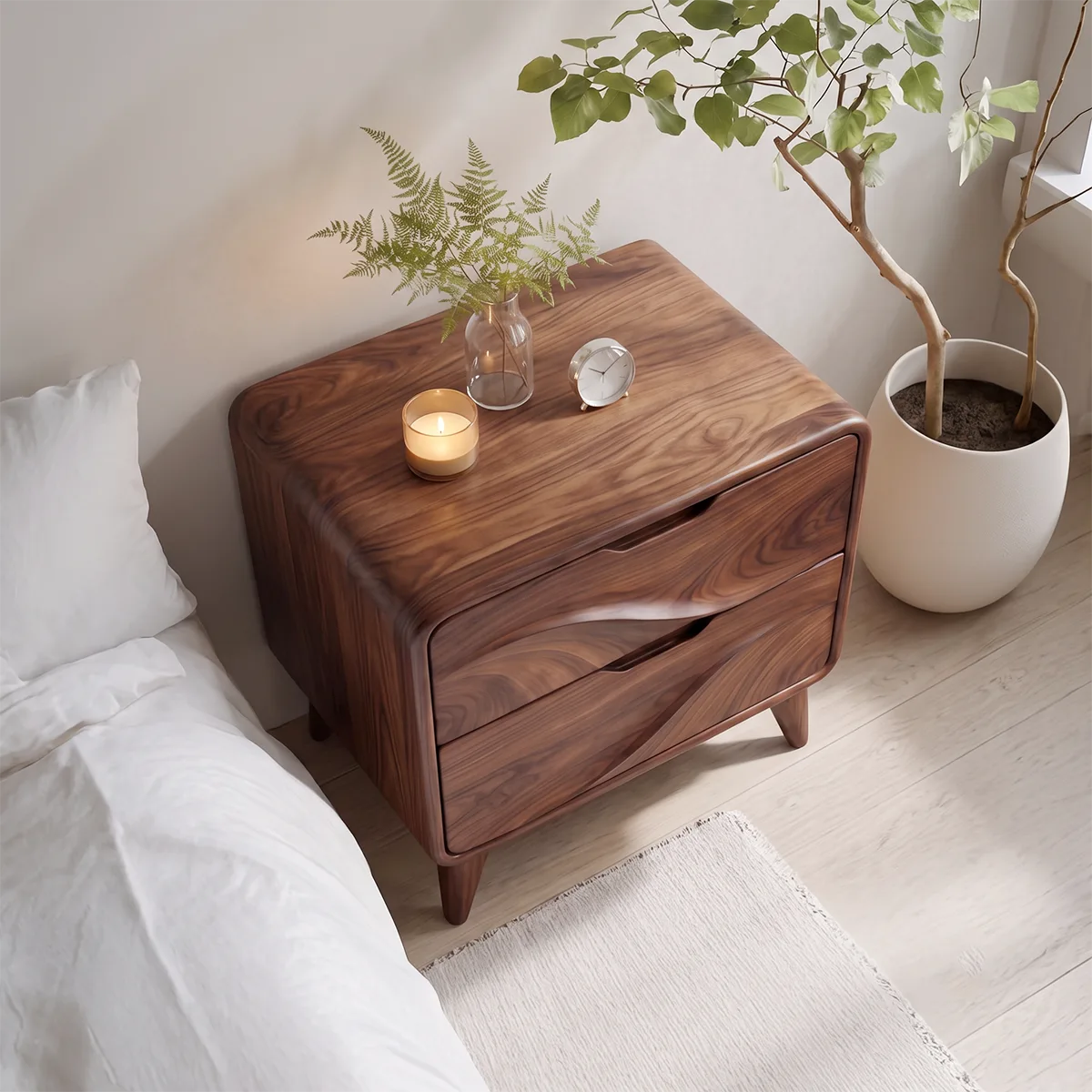 Sculptural Wave 2-Drawer Nightstand | Modern Bedside Table with Carved Drawer Fronts HG021-5AYQ3CA