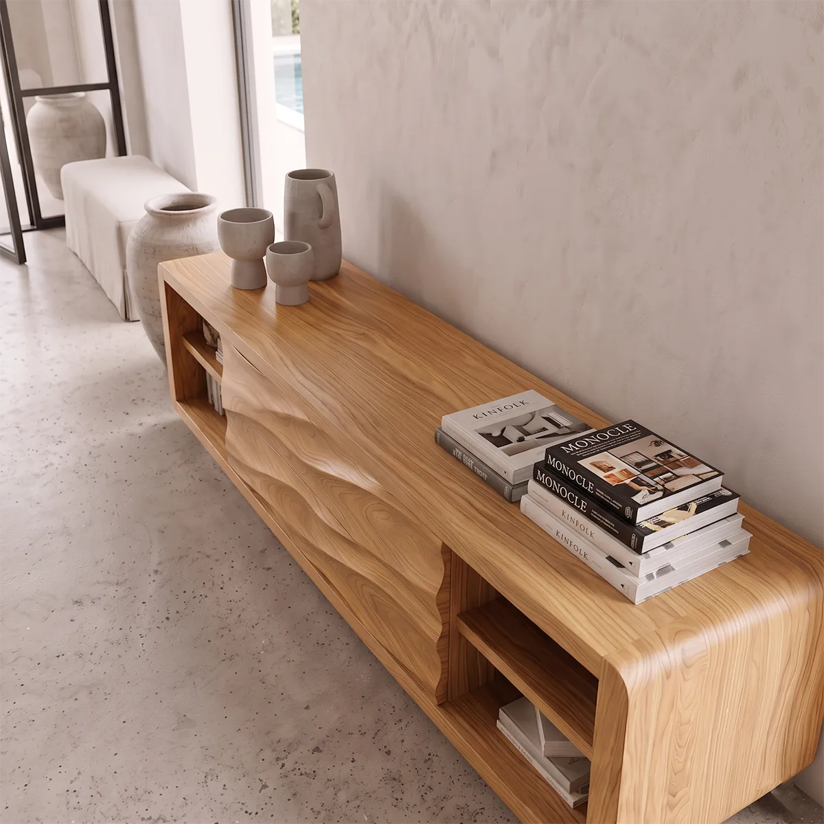 Modern Sideboard with Open Shelves and Concealed Center Storage | Rounded Low Cabinet HG021-9MGF3LT