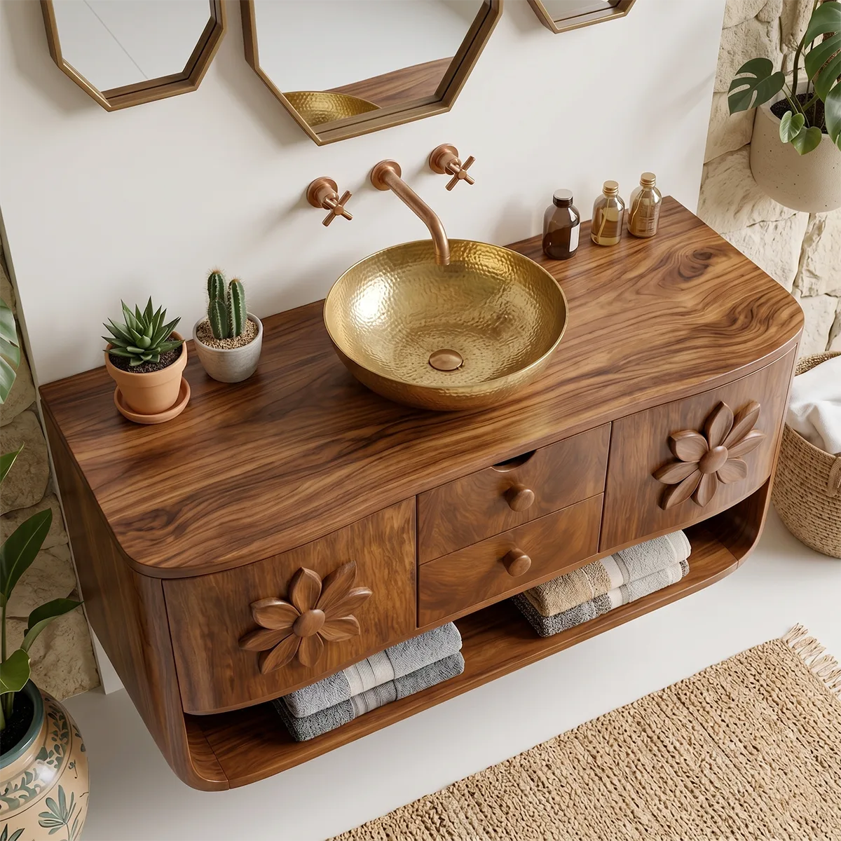 Floating Solid Wood Bathroom Vanity | Floral Carved Wall Mounted Vanity Cabinet with Open Shelf HG021-1071