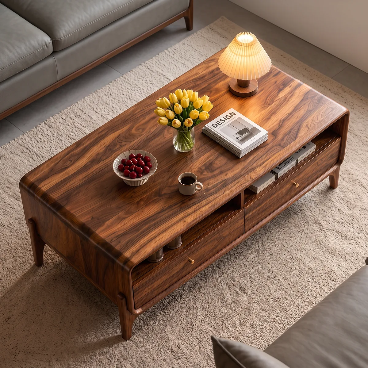 Wood Coffee Table with 2 Drawers & Open Shelves | Mid Century Modern Rectangular Living Room Table HG021-8XOV9MG