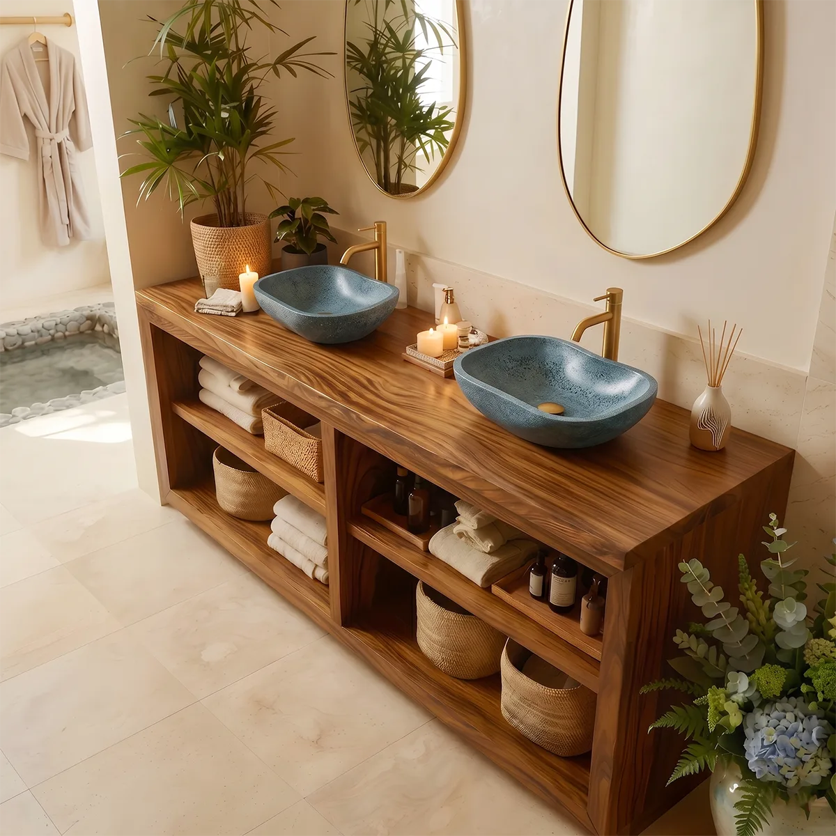 Modern Double Bathroom Vanity with Open Shelving and Spa-Inspired Storage HG021-2663