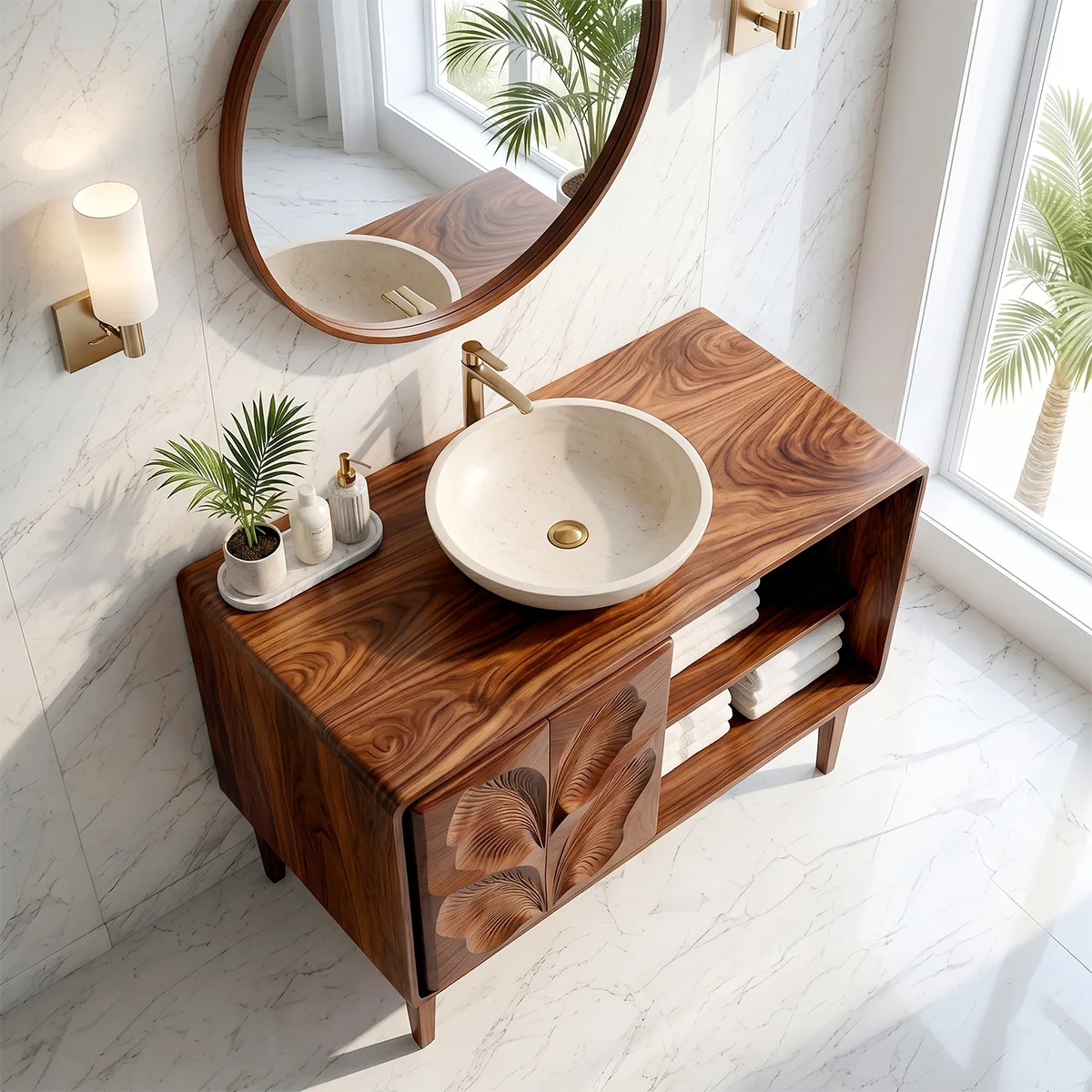 Leaf Carved Bathroom Vanity Cabinet with Open Shelving HG021-6447