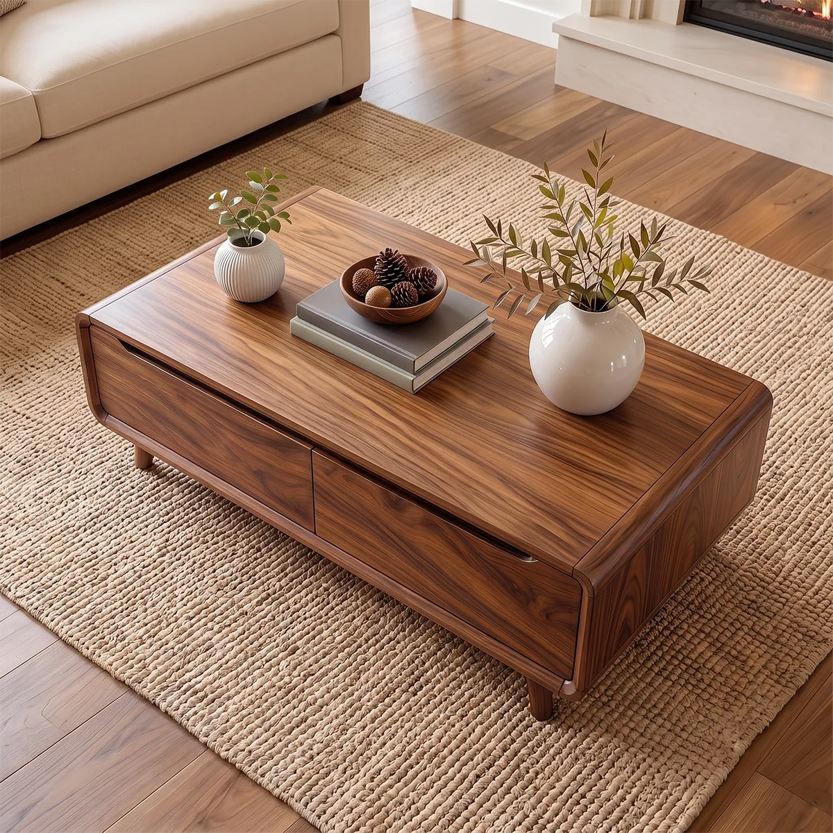 Coffee Table with 2 Storage Drawers | Modern Rounded Rectangular Center Table HG021-8SET4XE