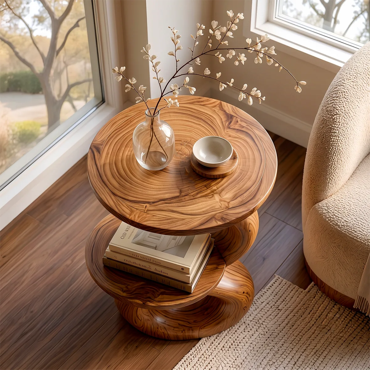 Modern Sculptural Round End Table with Display Shelf | Contemporary Accent Side Table HG021-8NBN5EM