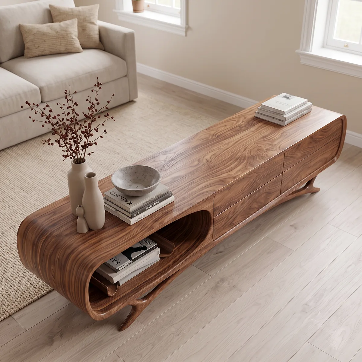 Curved Wood TV Stand with Drawers & Open Shelf | Modern Media Cabinet HG021-3QWT2KN