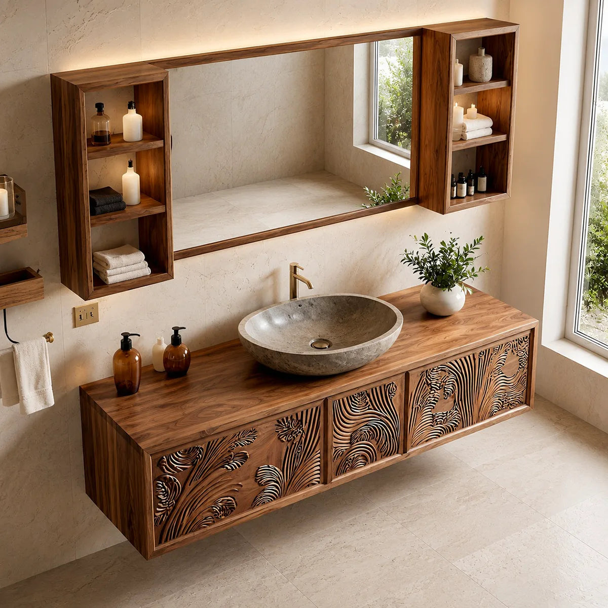 Carved Floating Bathroom Vanity | Modern Decorative Bathroom Cabinet HG021-7739