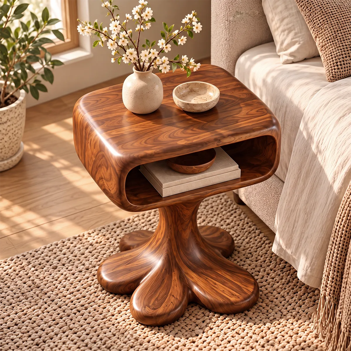 Sculptural Pedestal Nightstand with Open Shelf | Organic Modern Bedside Table HG021-9PAX4MM