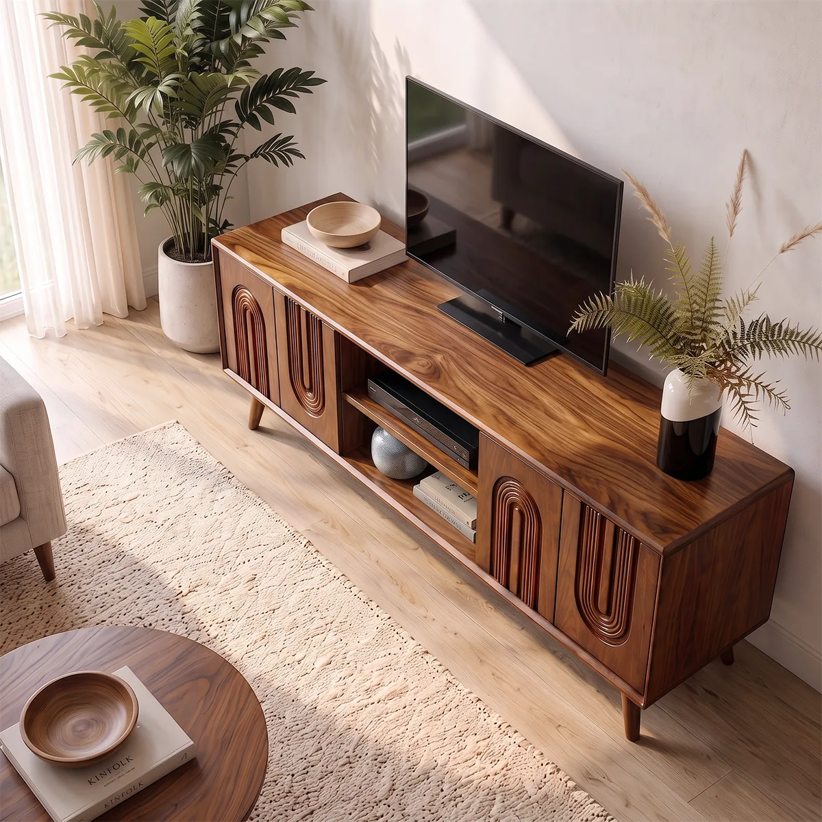 Fluted Arch Wood TV Stand with Open Shelves | Scultural Media Console HG021-8ITG9SJ