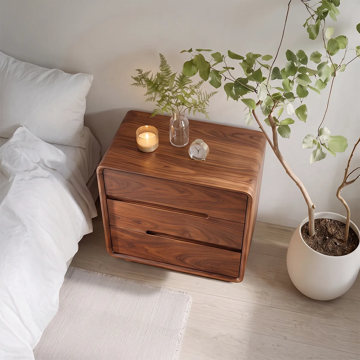 Modern 3-Drawer Nightstand | Rounded Corner Bedside Table with Recessed Handles HG021-1BHP5HK