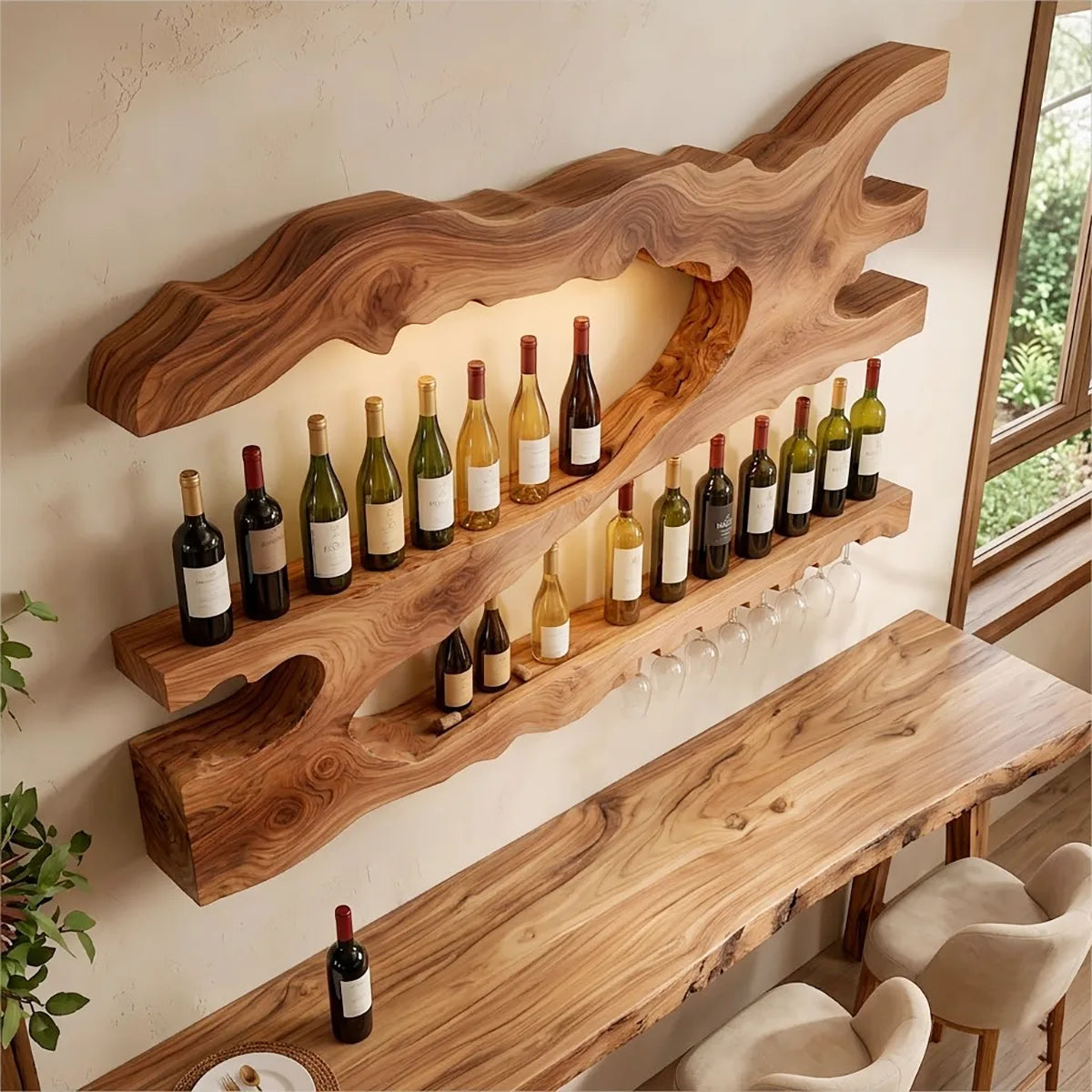 Live Edge Solid Wood Wall Wine Rack for Home Bars & Wine Lovers HG021-4091