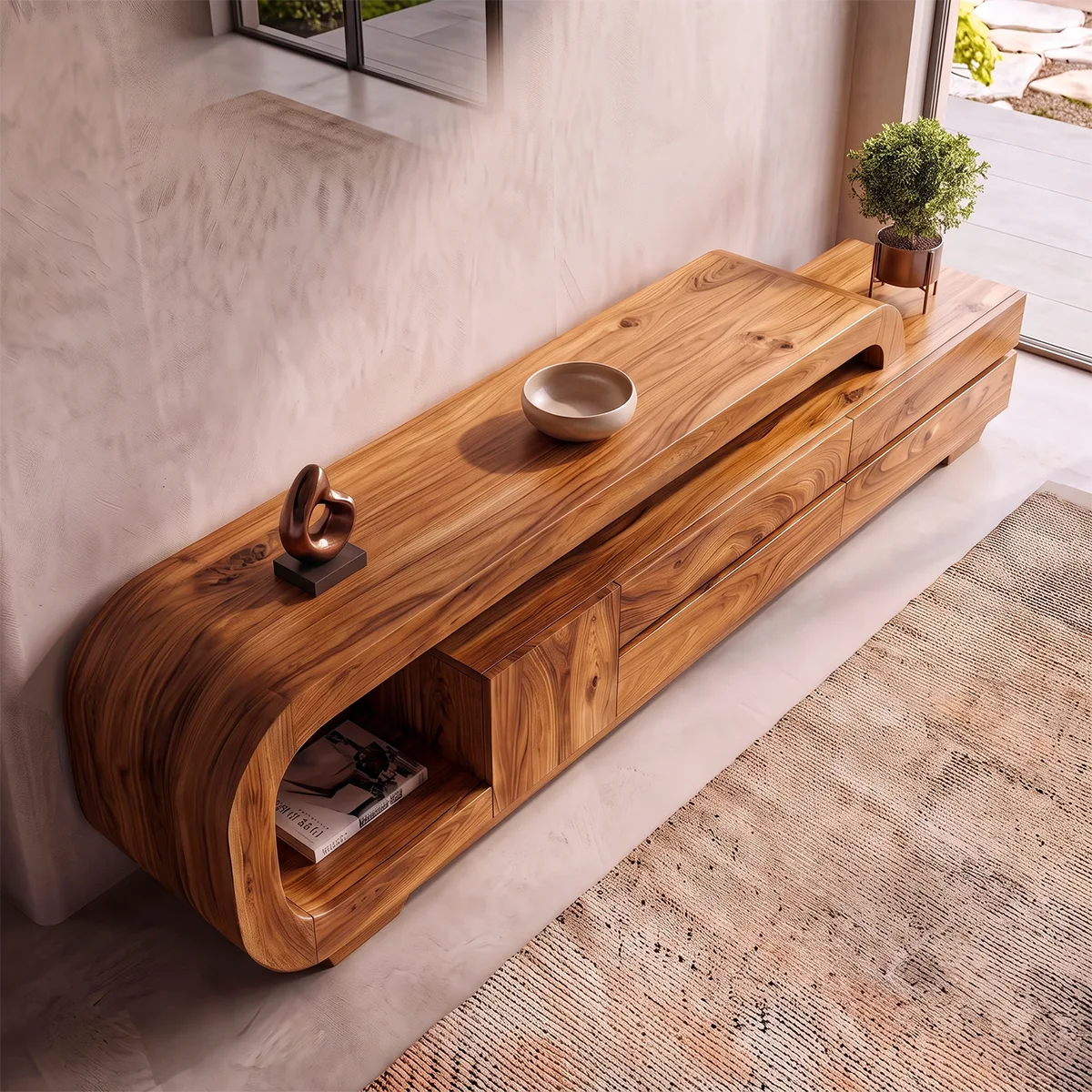 Curved Wood TV Stand with Drawers & Storage | Modern Media Cabinet HG021-1SBA3RR
