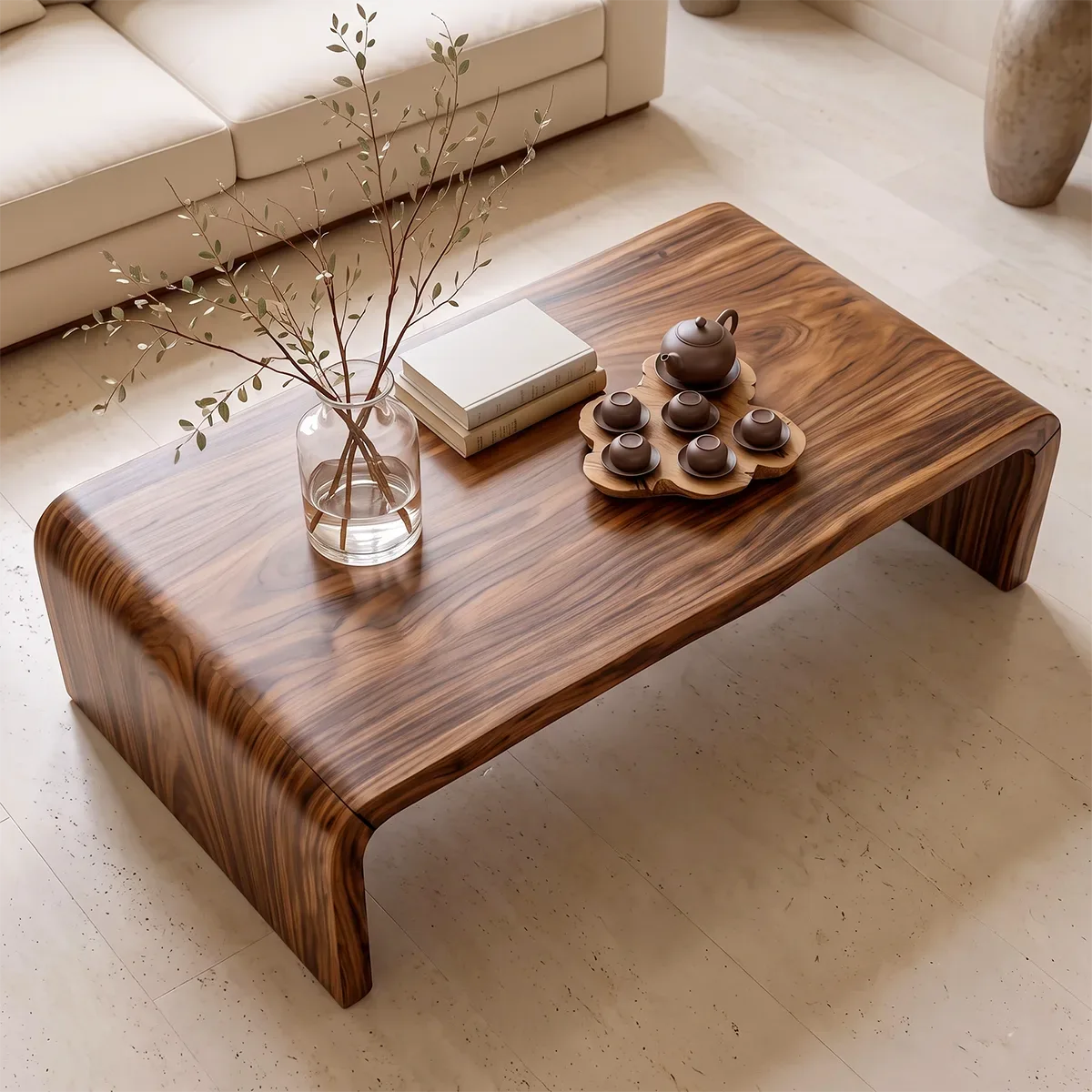 Modern Waterfall Coffee Table with Rounded Corners | Low Profile Center Table HG021-3PQS7ZO