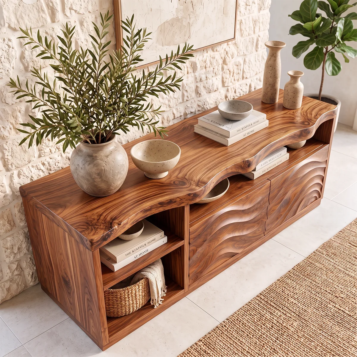 Sculptural Wave Sideboard with 2 Cabinet Doors and Open Shelves | Modern Storage Cabinet HG021-4LWU7BC