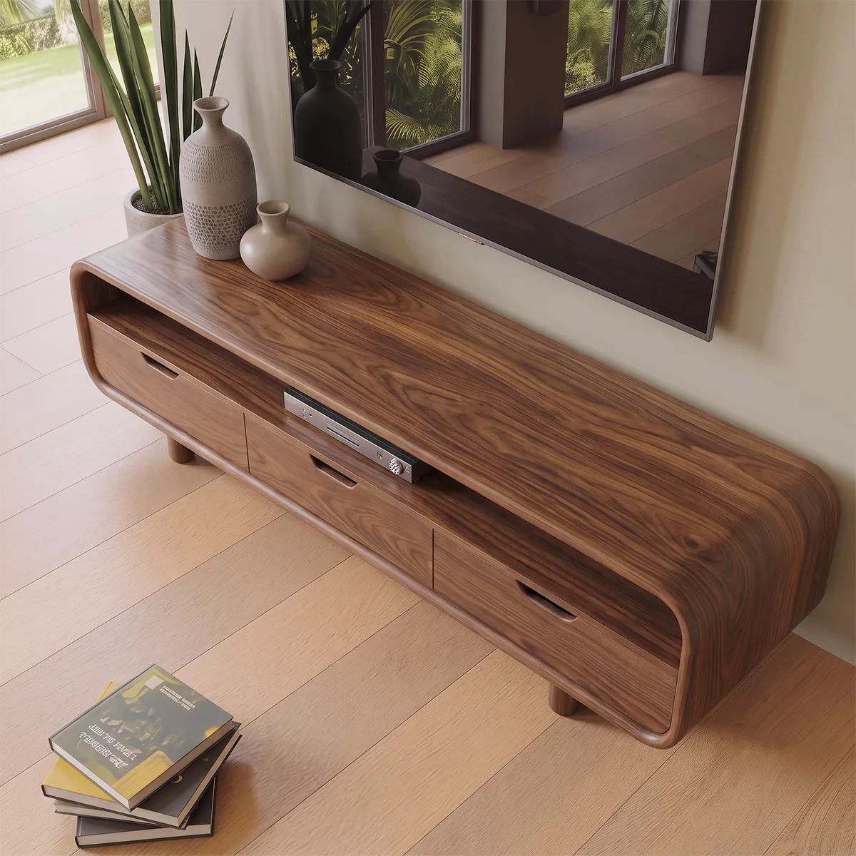Rounded Wood TV Stand with 3 Drawers | Modern Media Console HG021-6RPM7IQ