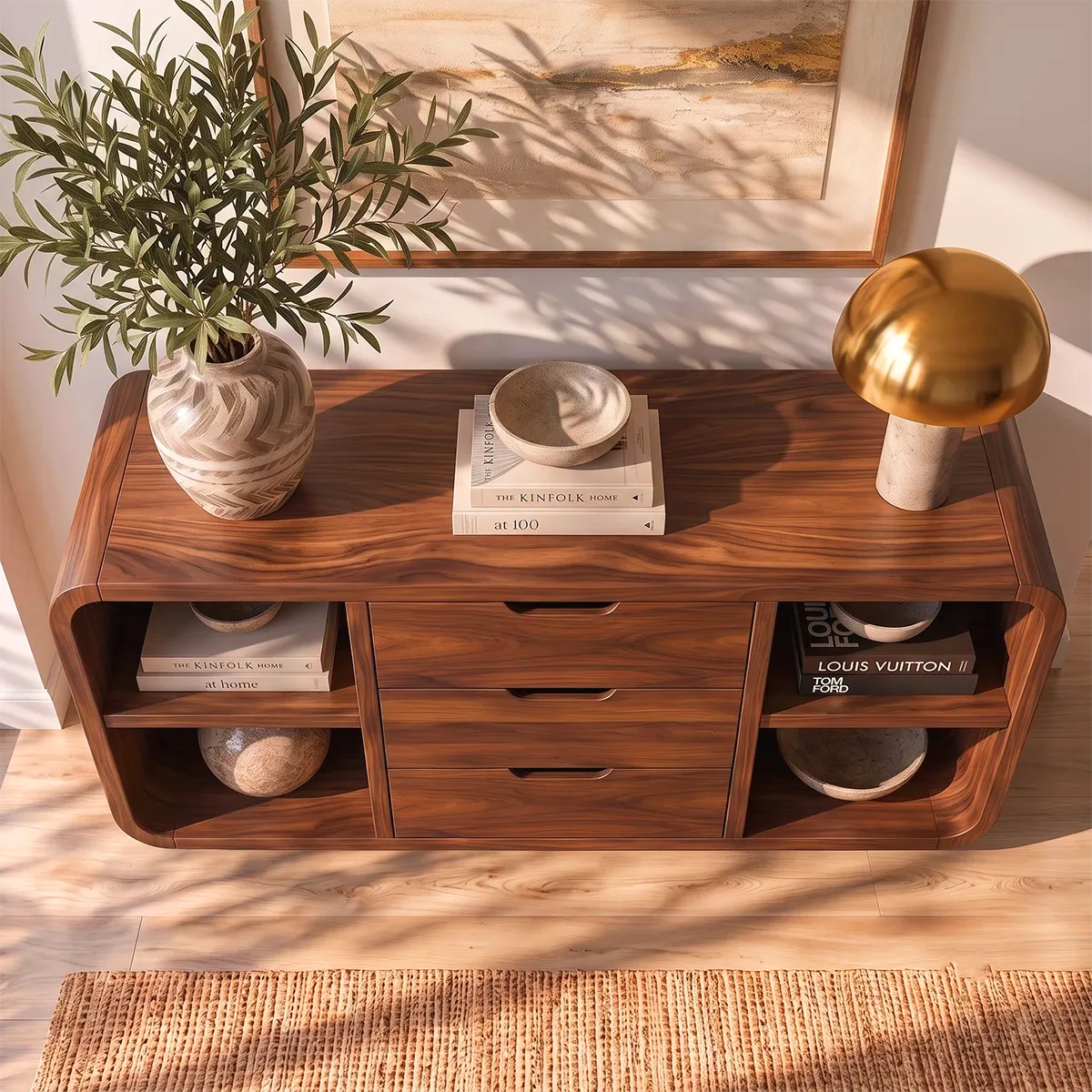 Rounded Sideboard with 3 Drawers and 4 Open Shelves | Modern Storage Cabinet HG021-1MUL6EE