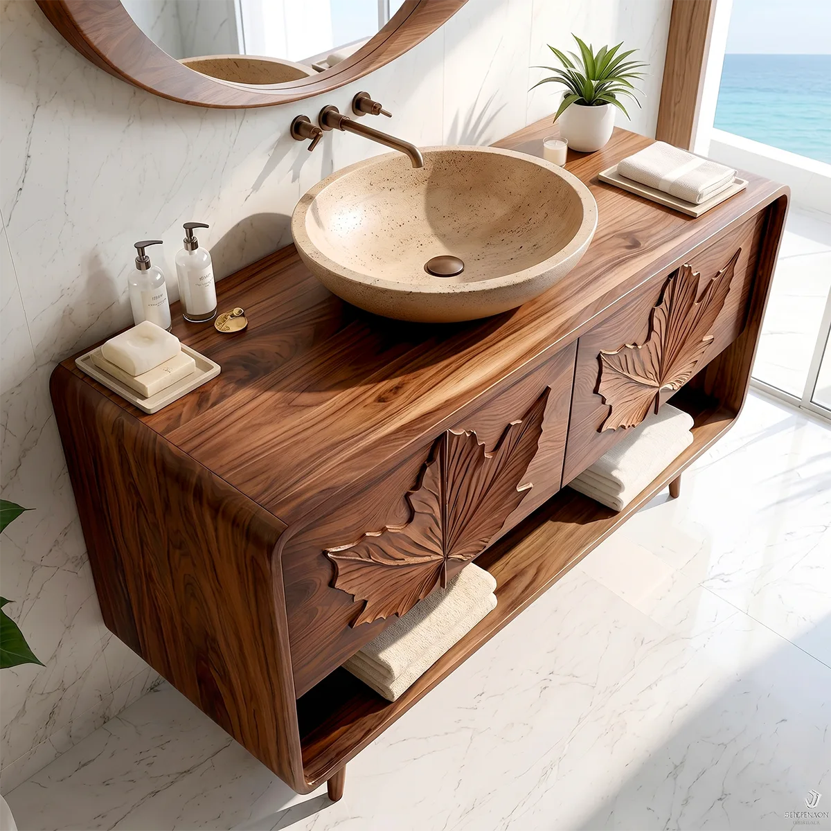 Japanese Inspired Leaf Carved Bathroom Vanity Cabinet HG021-6349