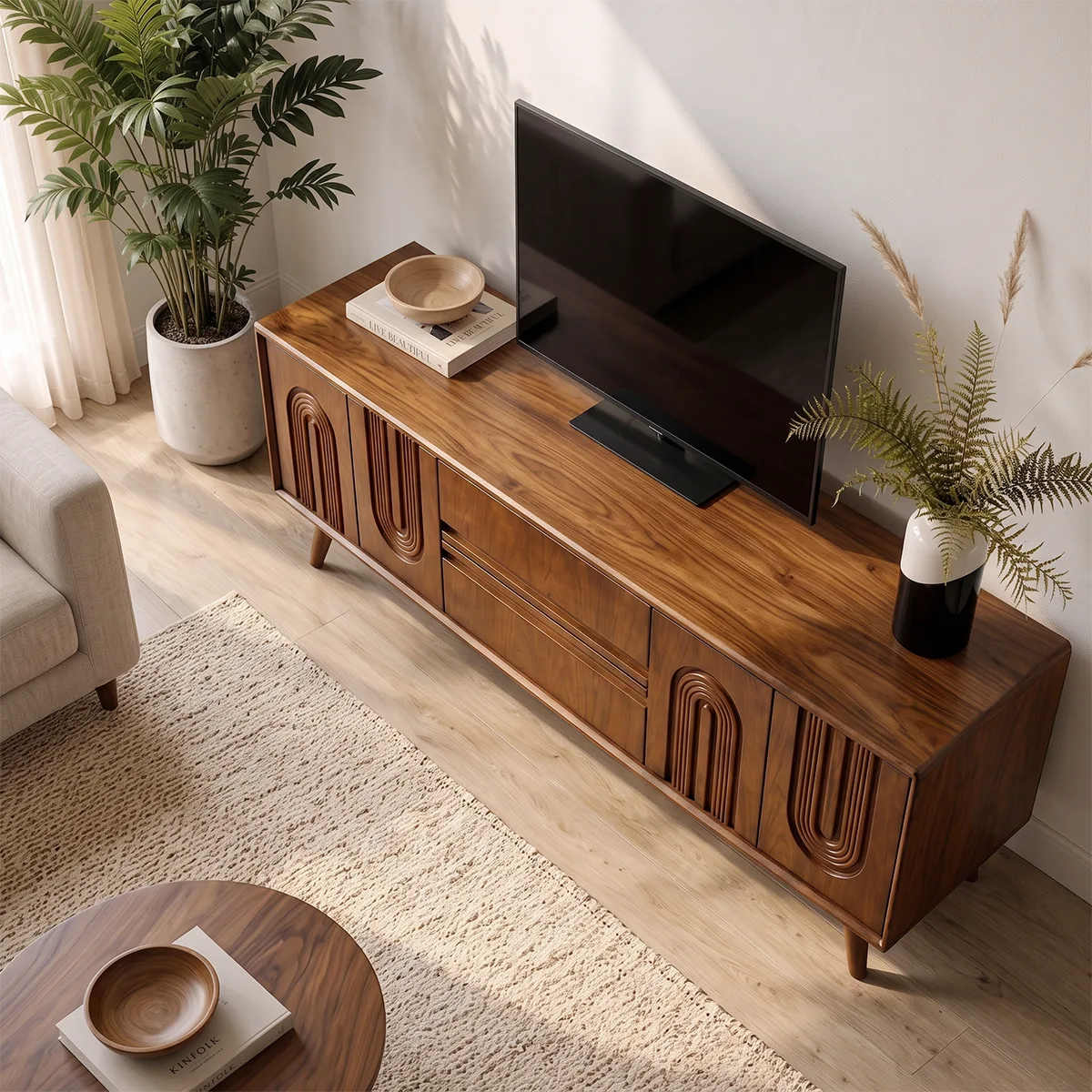 Fluted Arch Wood TV Stand with Drawers & Cabinets | Mid-Century Media Console HG021-6ZXL7DZ