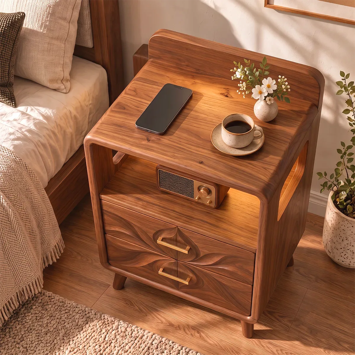 Sculptural Floral 2-Drawer Nightstand with Open Shelf | Carved Modern Bedside Table HG021-5NTU5QO