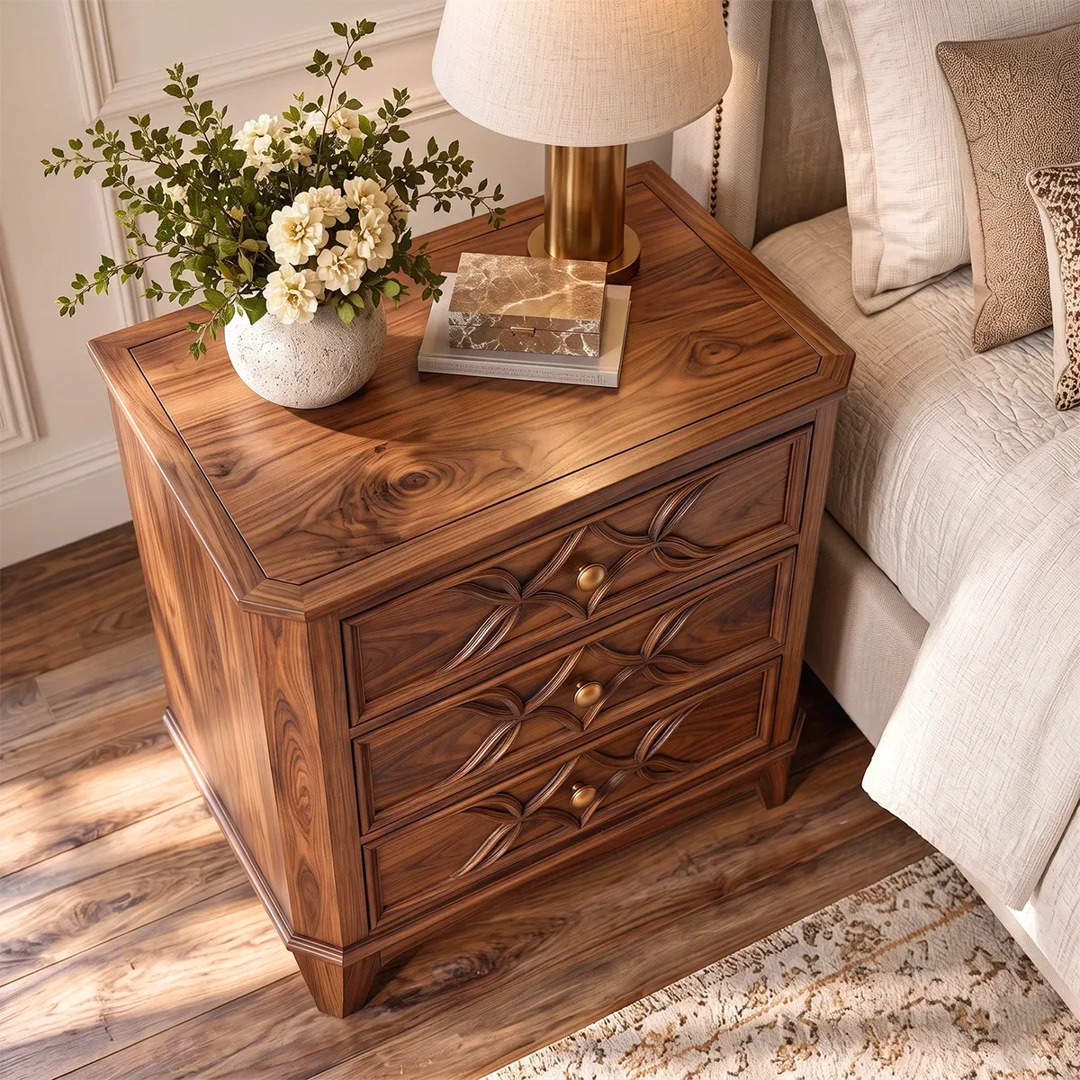 Carved 3-Drawer Nightstand | Decorative Bedside Table with Sculpted Geometric Fronts HG021-7GDR2YD