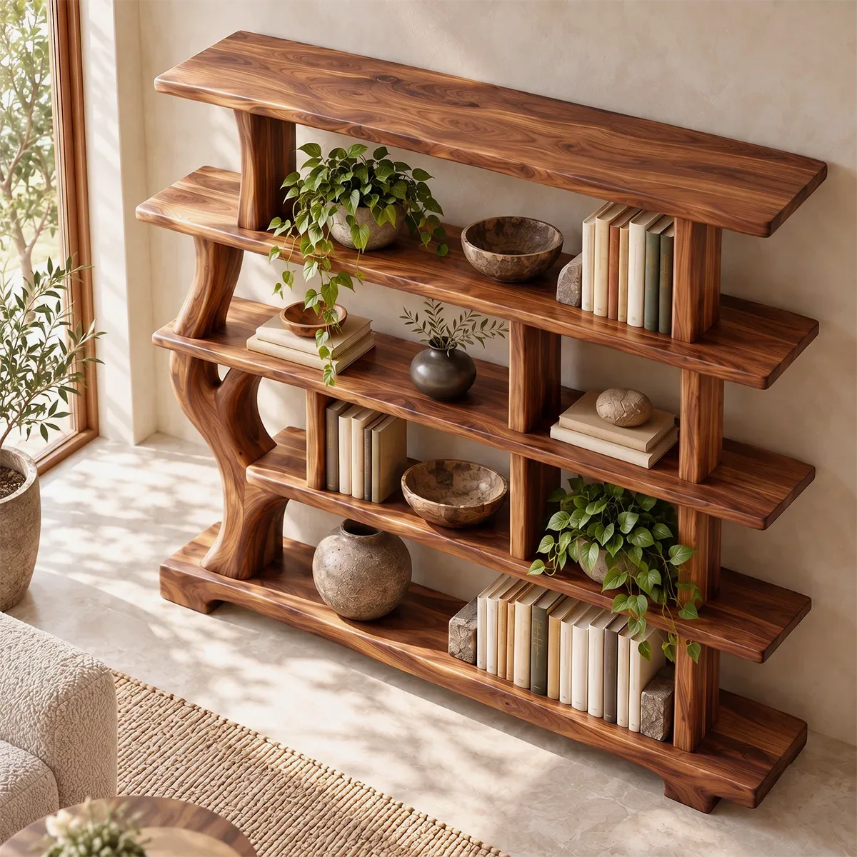 Tree-Inspired Sculptural Bookshelf | Organic Modern Open Bookcase with Asymmetrical Shelves HG021-5HPG6UX