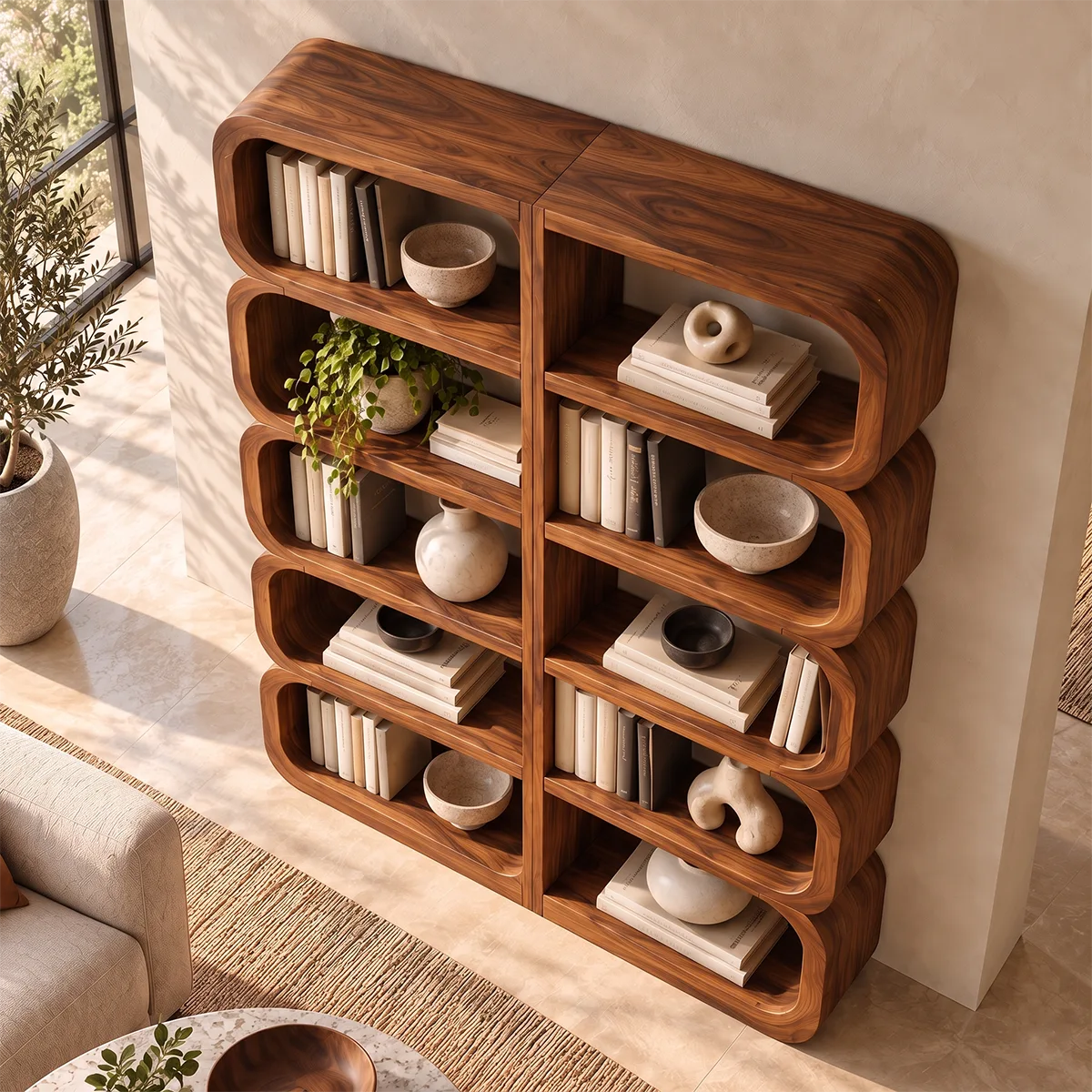Tall Rounded Open Bookcase | 10-Cubby Modern Bookshelf with Sculptural Curved Frame HG021-4YOT6AX