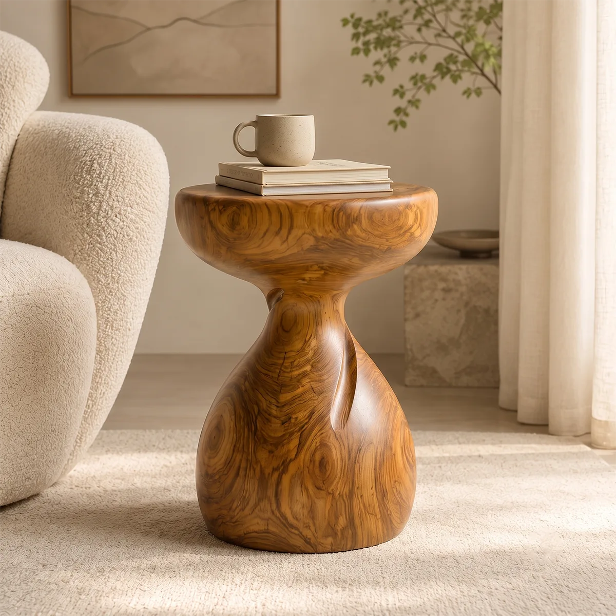 Sculptural Twist Wood End Table | Round Curved Pedestal Side Table TT006-4LXI5HY