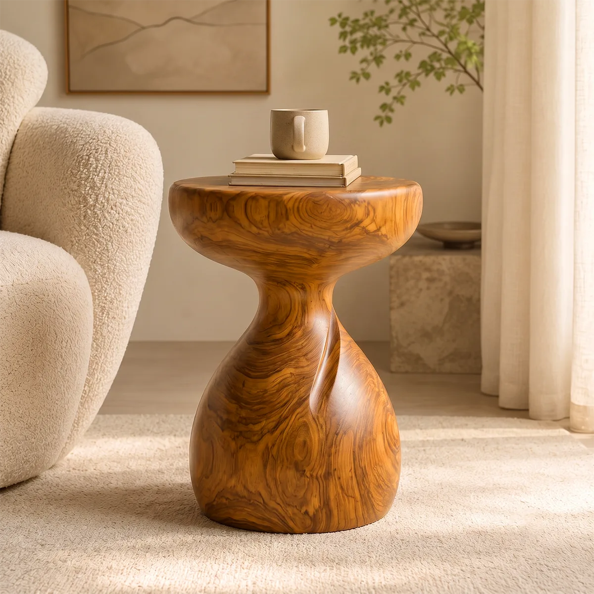 Sculptural Twist Wood End Table | Round Curved Pedestal Side Table TT006-4LXI5HY