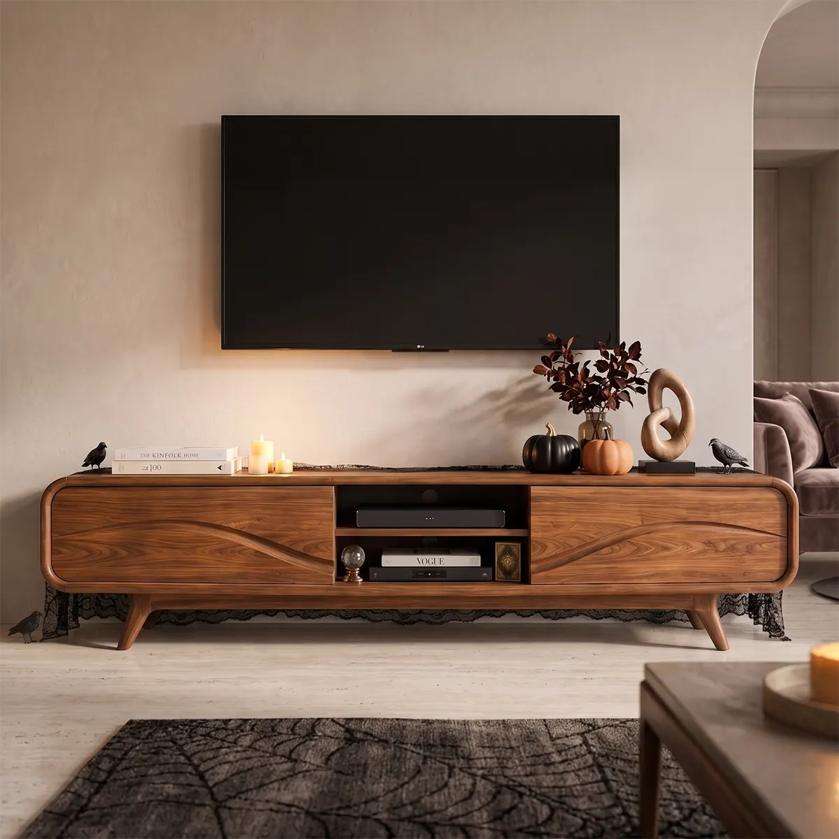 Modern TV Stand with 2 Open Shelves & Enclosed Storage | Sculptural Wave Media Console TT006-7PJS6KB
