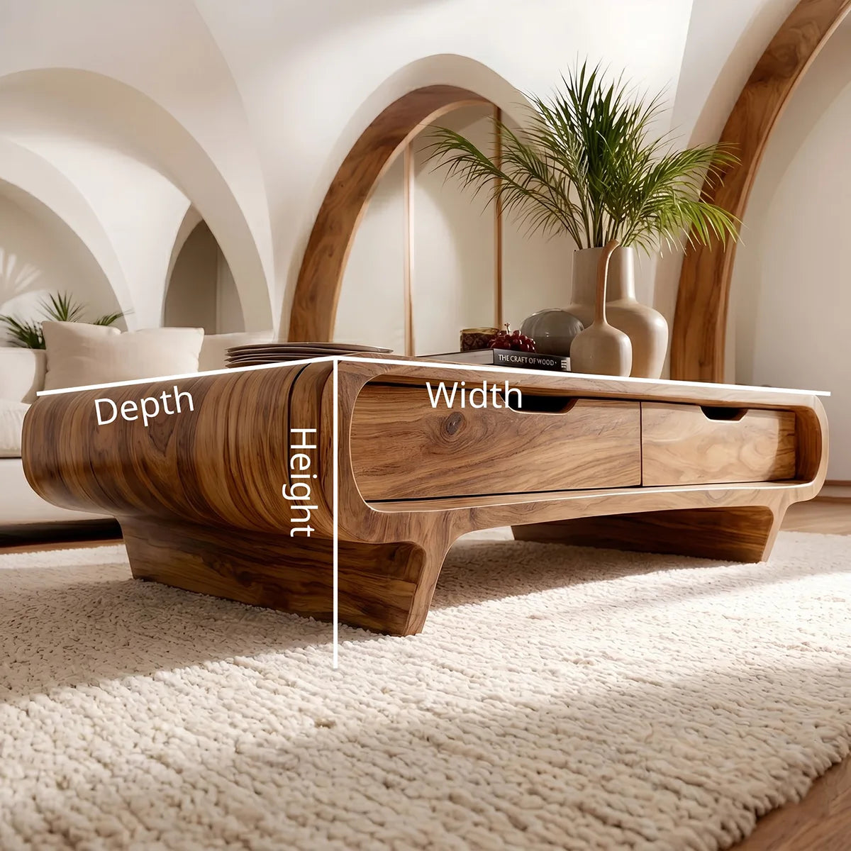 Handcrafted Wood Coffee Table with Drawers - Curved Silhouette Modern Design
