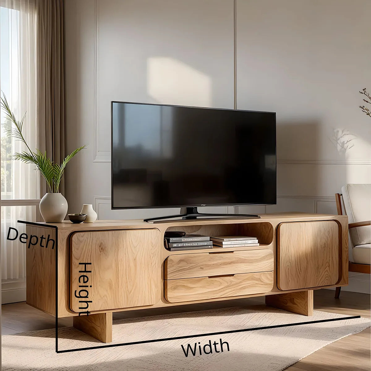 Modern Solid Wood Rounded TV Stand with Square Inset Cabinets